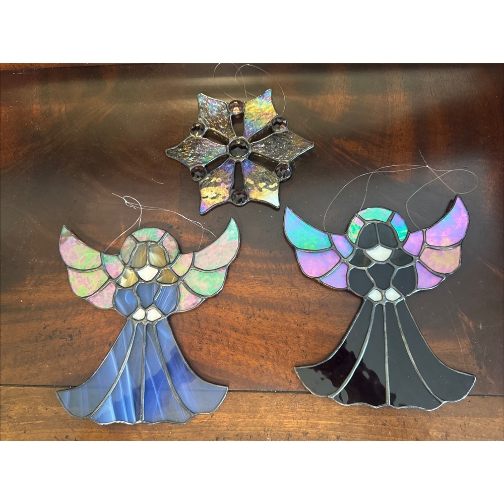 3 Pc Stained Glass Angels & Star Sun-catcher Christmas Handmade USA
